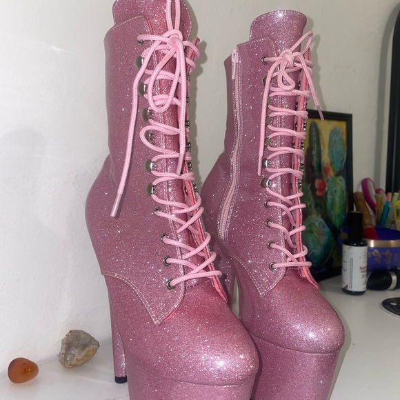 Pleaser Pink Glitter Lace-Up Platform Ankle Boots - Picture 2 of 6